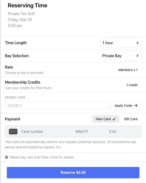 Final checkout screen showing membership credits applied and Reserve $0.00 button